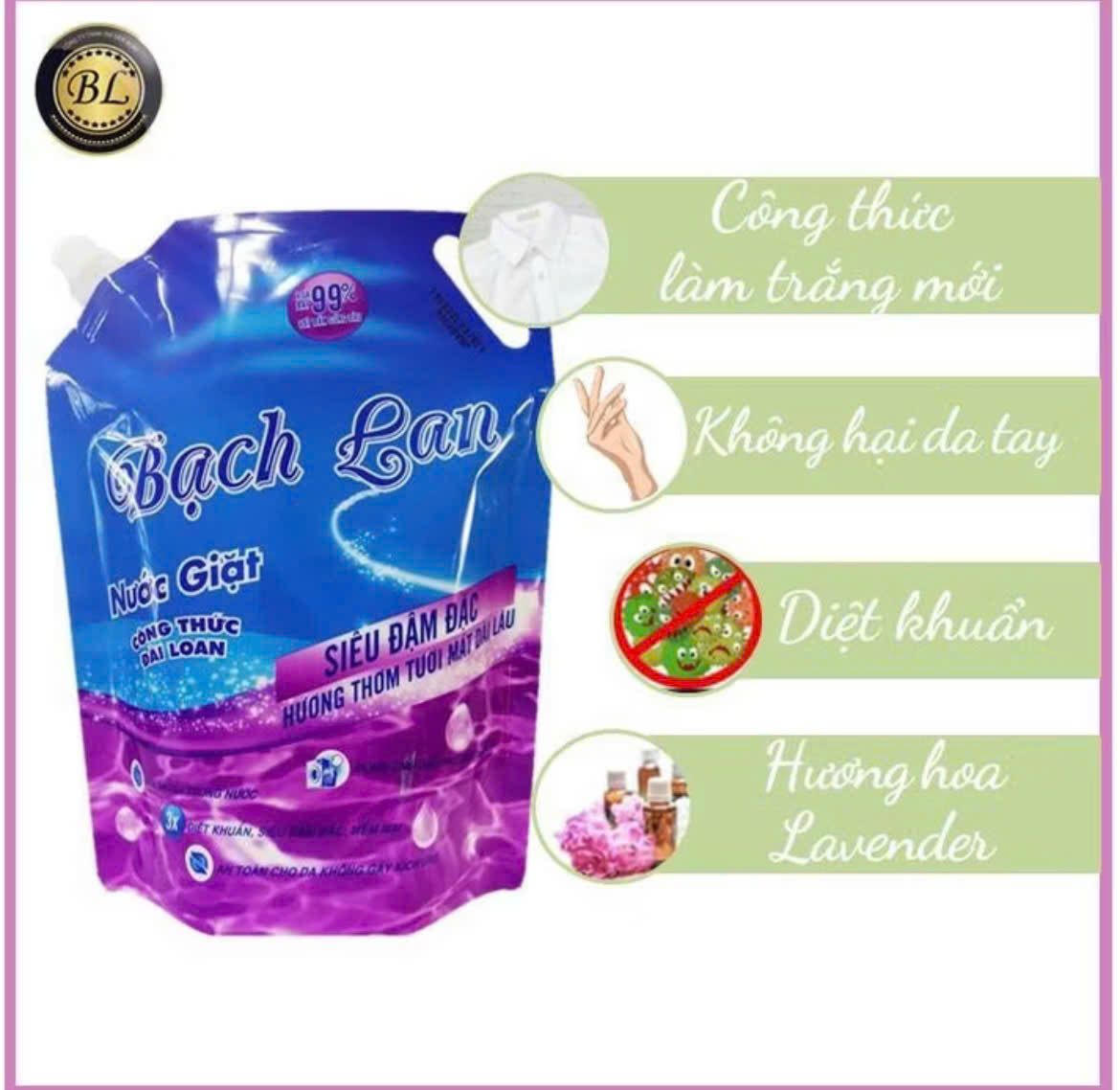 Nước giặt Bạch Lan Siêu Trắng Sáng diệt khuẩn túi 1.8kg công thức Đài Loan
