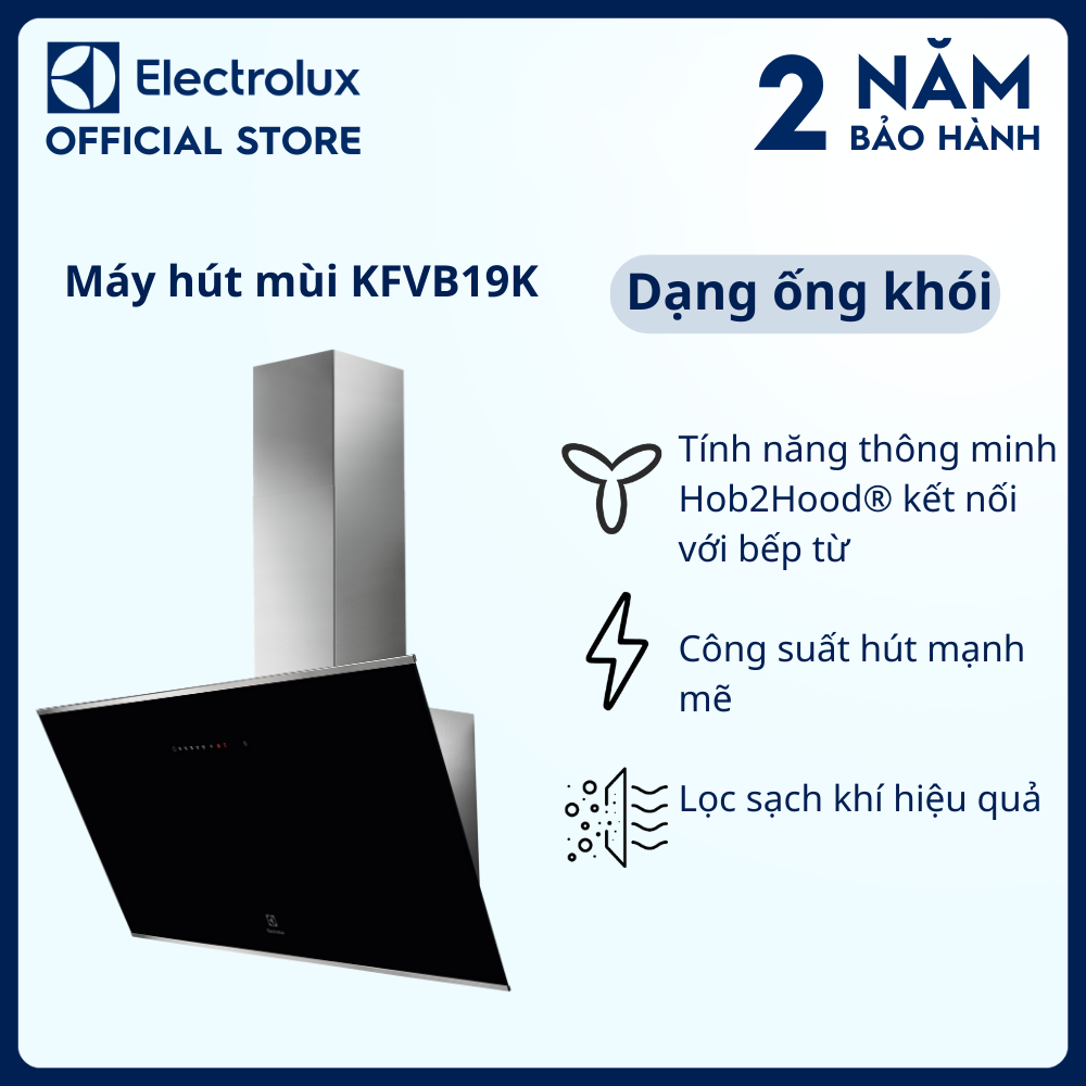Máy hút mùi Electrolux bằng kính và thép cao cấp dạng áp tường 90cm KFVB19K, kết nối với bếp từ, Công suất hút mạnh mẽ, Lọc sạch khí hiệu quả
