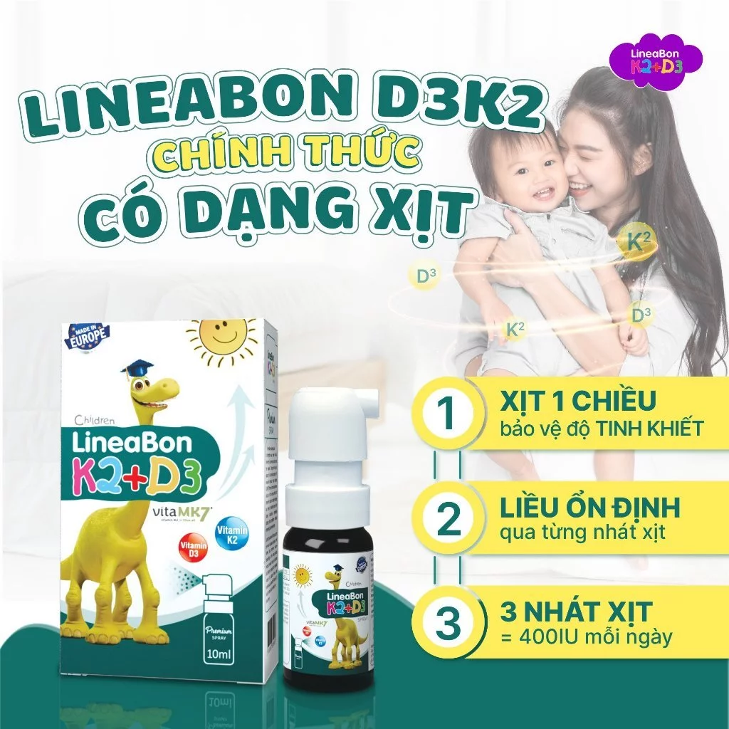 Lineabon Vitamin D3 K2 giúp bé cao lớn, ngủ ngon, giảm còi xương cho trẻ sơ sinh 10ml (xịt)