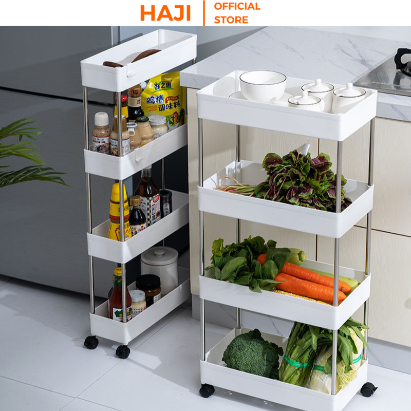 Kệ đựng đồ 4 tầng đa năng có bánh xe di chuyển dùng sắp xếp đồ vật gọn gàng HAJI NA17