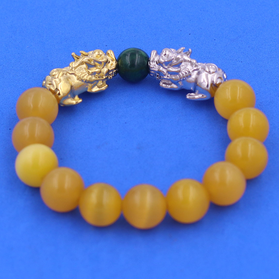 Vòng chuỗi đeo tay đá mắt mèo vàng 12 ly charm tỳ hưu đôi inox trắng và vàng, vòng chuỗi phong thủy, charm tỳ hưu, vòng tay hạt chuỗi