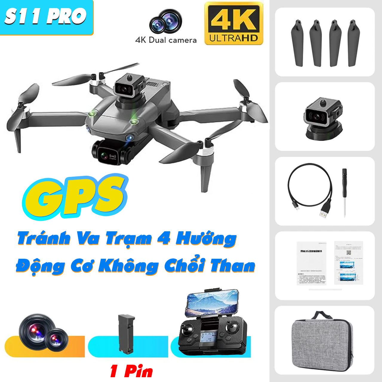 Flycam mini giá rẻ K998 có camera kép 4K HD cảm biến tránh vật cản chướng ngại vật 4 chiều máy bay điều khiển từ xa drone S11 Pro thời gian bay 25 phút G.P.S tự quay trở về động cơ không chổi than, truyền hình ảnh trực tiếp về điện thoại - hàng chính hãng