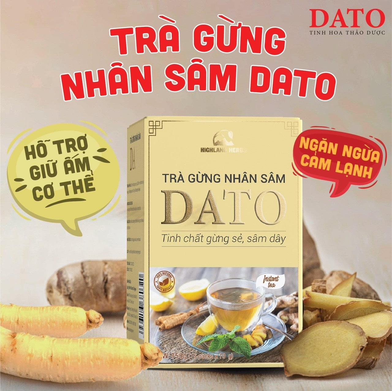 Trà gừng nhân sâm DATO, trà gừng hòa tan. giảm ho, làm ấm cơ thể.