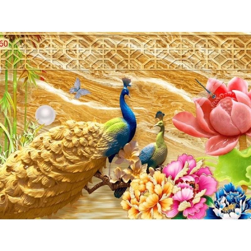 Tranh dán tường chim công hoa mẫu đơn 3d. tranh in vải lụa KT 120x80 cm. nhận in kích thước theo yêu cầu zalo 0989685926