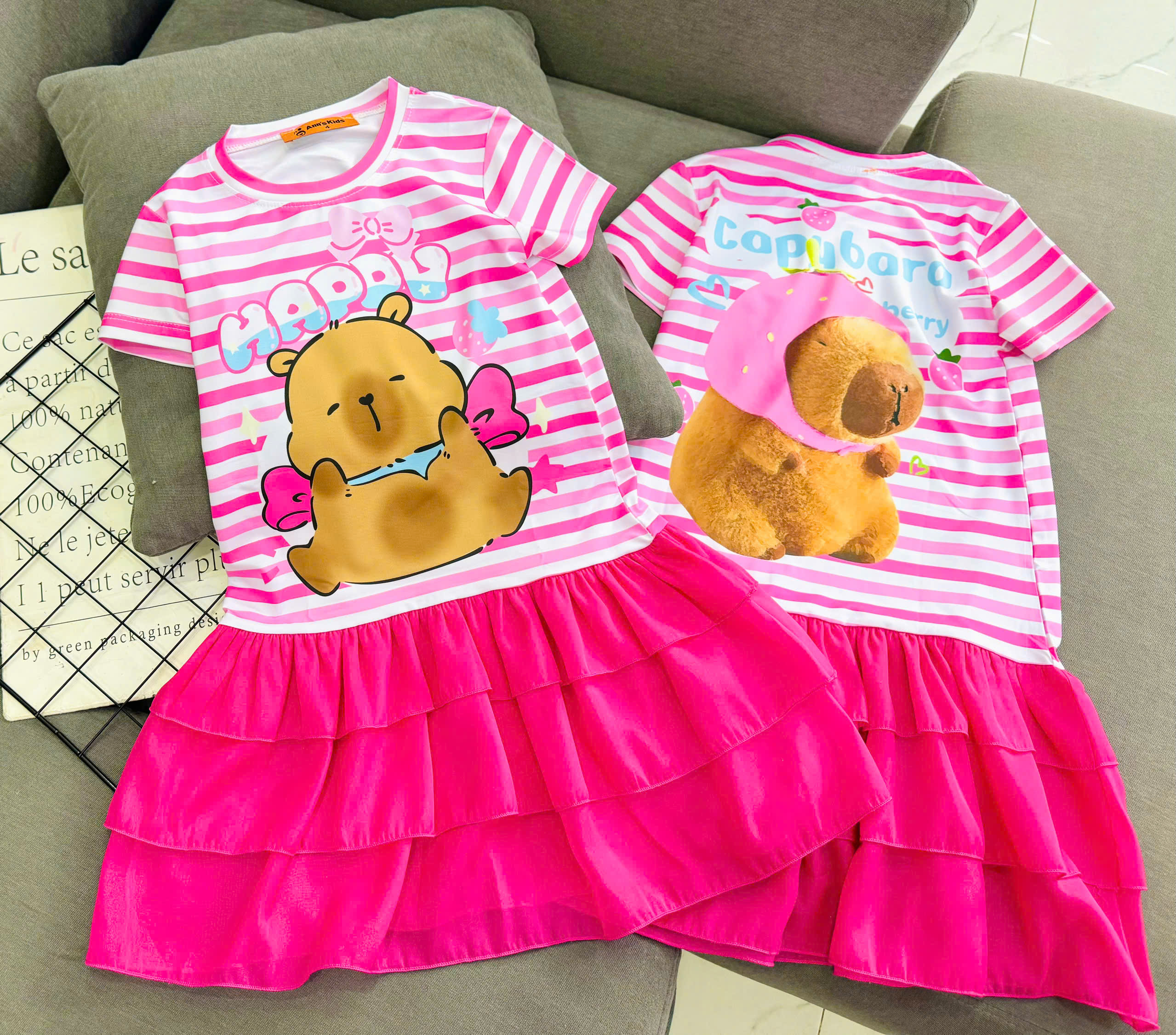 Đầm váy suông cho bé gái diện tết labubu baby three capybara size 12-45kg chất thun lạnh mềm mát