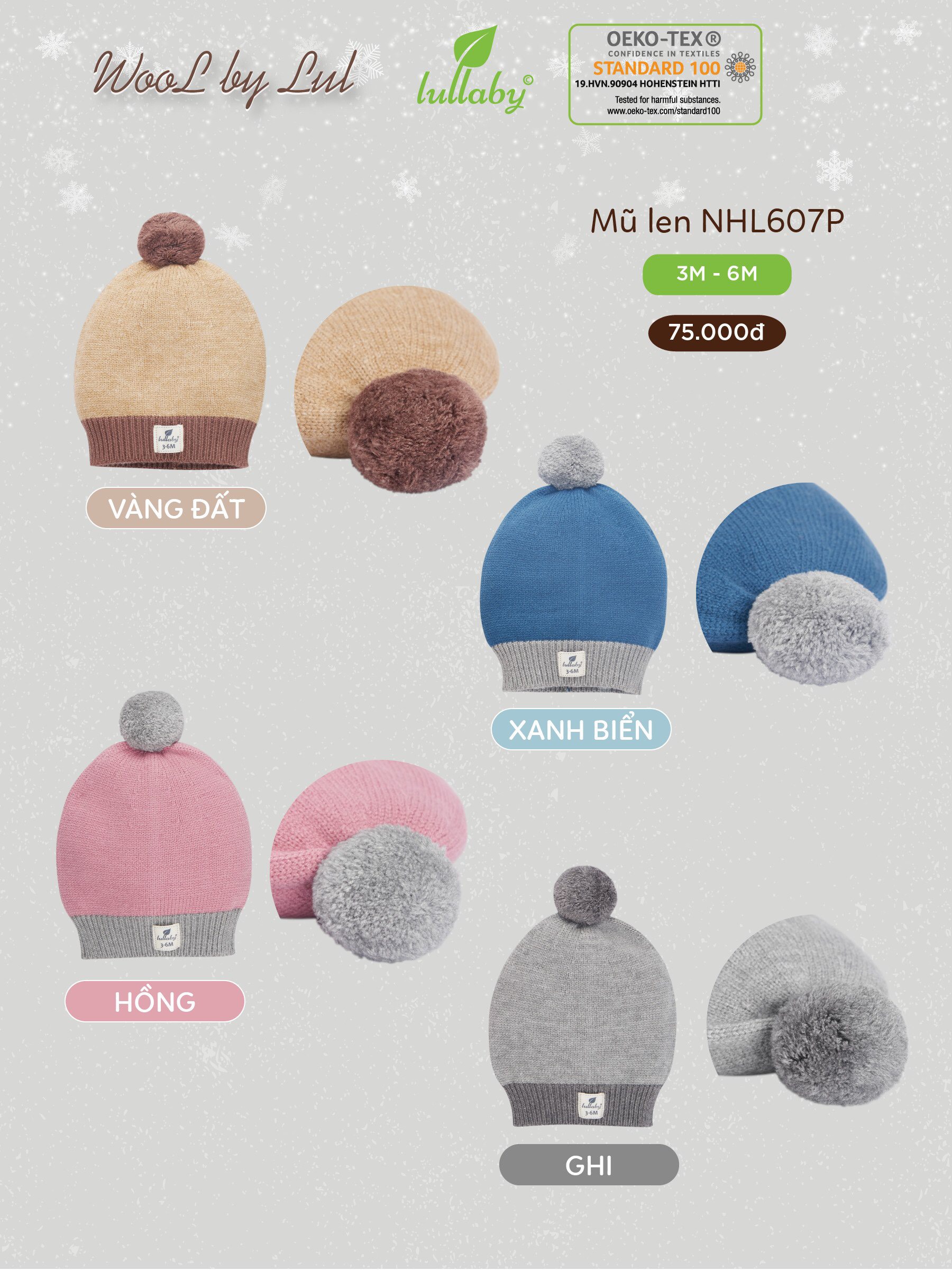 Mũ len sơ sinh Lullaby NHL607P, mũ nồi quả bông bằng len cotton siêu mềm mịn, hàng cao cấp