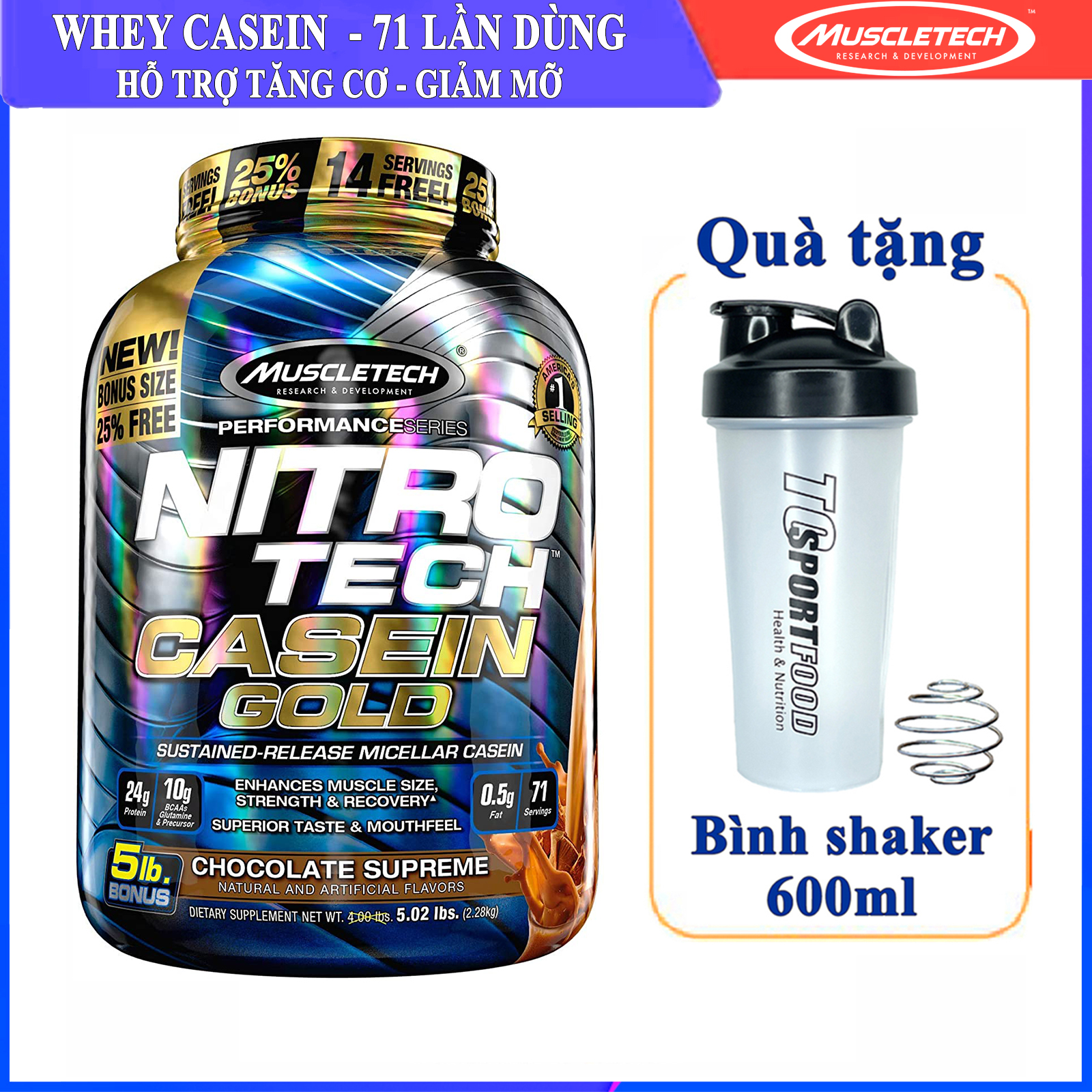 Combo Sữa tăng cơ NitroTech Casein Gold của MuscleTech hộp 71 lần dùng hỗ trợ duy trì protein cho cơ suốt 8 tiếng &amp; Bình lắc 600ml (Mẫu ngẫu nhiên)