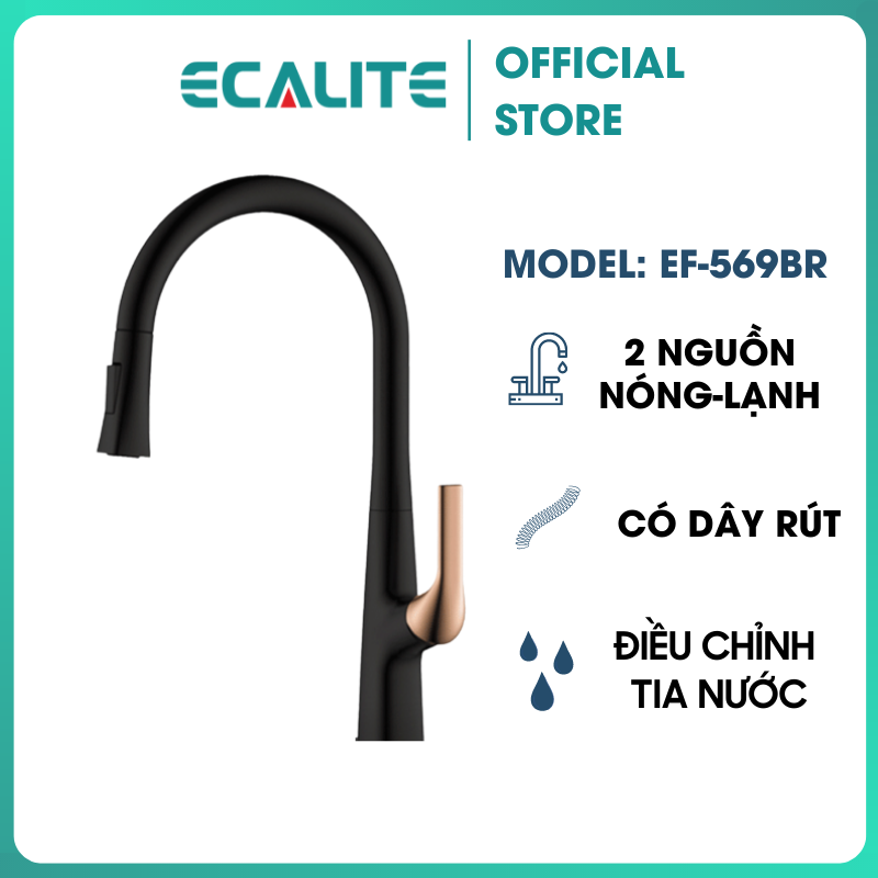 Vòi Rửa Chén Nóng Lạnh Ecalite EF-K569BR - Có Dây Rút - Điều Chỉnh Tia Nước - Đồng Thau Sơn Đen - Hàng Chính Hãng