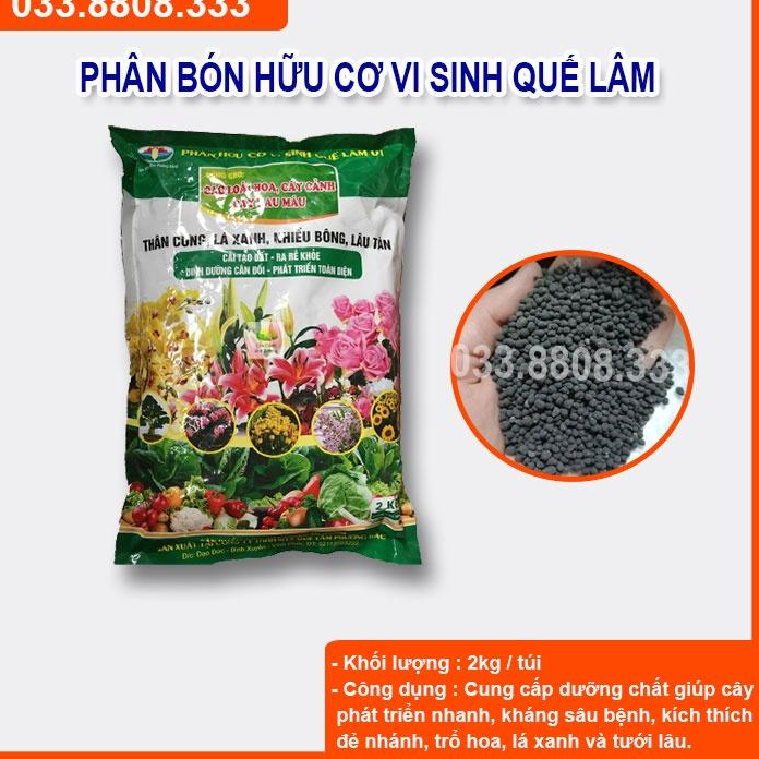 Phân bón Hữu Cơ Vi Sinh Quế Lâm- gói 2kg giúp đất tơi xốp và cung cấp dưỡng chất cho cây trồng