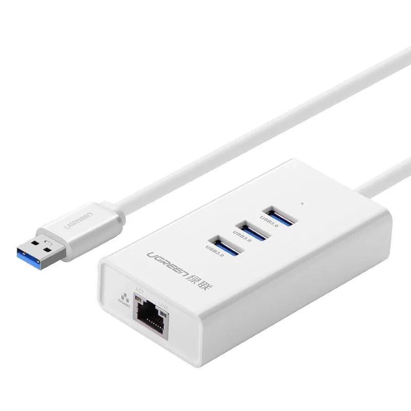 Cáp chuyển đổi USB 3.0 Sang 1*Lan RJ45 hổ trợ 10/100/1000 Mbps, 3*USB 3.0 dây dài 50cm màu Trắng Ugreen UNW20260CR102 hàng chính hãng