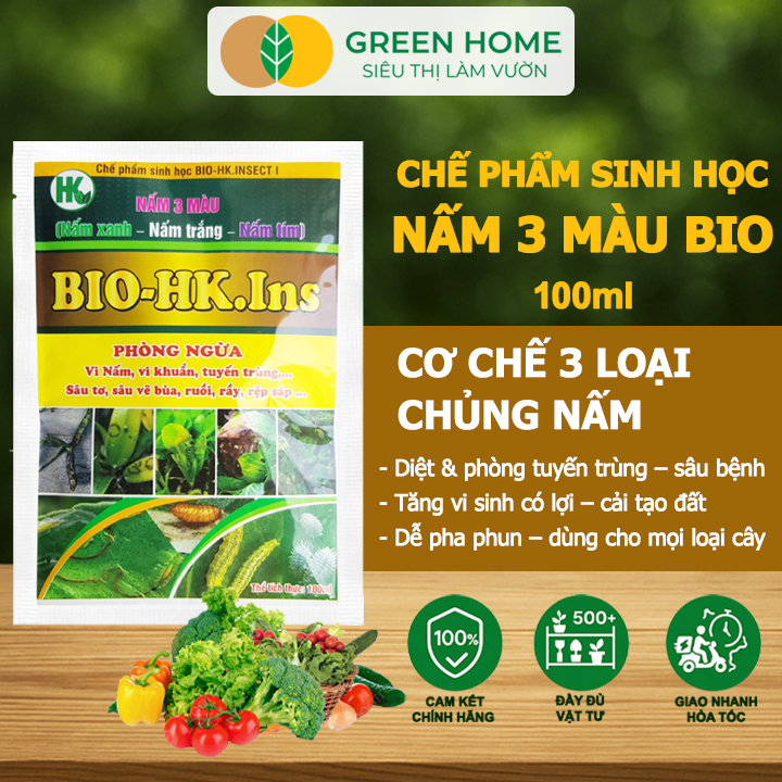 Phân Bón Vi Sinh Nấm 3 Màu GreenHome, Hoàng Kim, Gói 100ml, Trừ Tuyến Trùng, Rệp Sáp, Sâu Vẽ Bùa