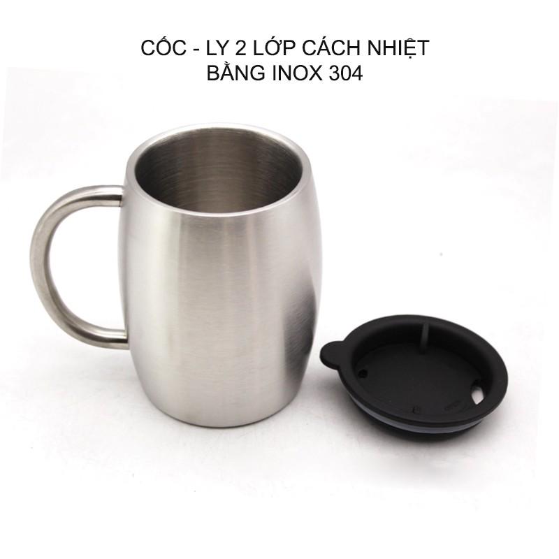 CỐC UỐNG CAFÉ BẰNG INOX 304 GF400 LOẠI 2 LỚP CHỐNG NÓNG, CÓ NẮP NHỰA, DUNG TÍCH 400ML