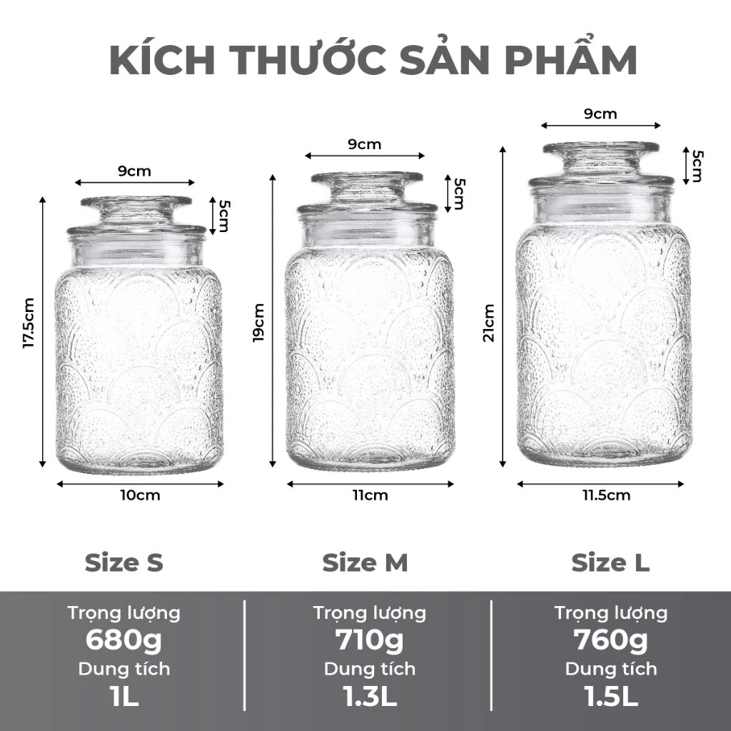Bộ 3 Hũ Thủy Tinh Đựng Thực Phẩm Lê Bên Làng LBL1210, Nắp Kín, Hoa Văn, Dung Tích 1L, 1.3L, 1.5L