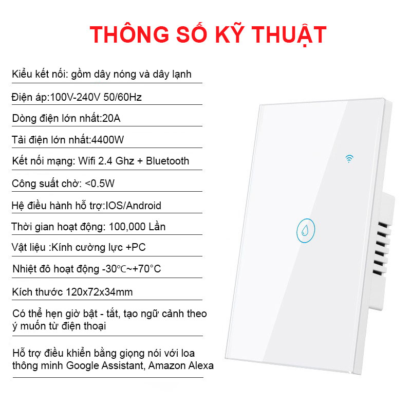 Công Tắc Điều Khiển Bình Nóng Lạnh Thông Minh TUYA Wifi + Bluetooth, Điện Áp Tối Đa 4400W / 20A, Cài Đặt Hẹn Giờ - Hàng Nhập Khẩu