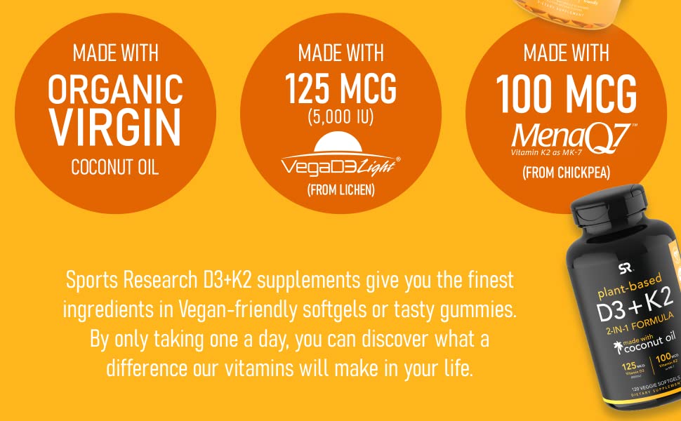 HŨ 60 VIÊN Vitamin D3 + K2 SPORTS RESEARCH SR, GỐC THỰC VẬT - CHIẾT XUẤT DẦU DỪA Coconut Oil, ĂN CHAY Vegan, Calcium, gymer