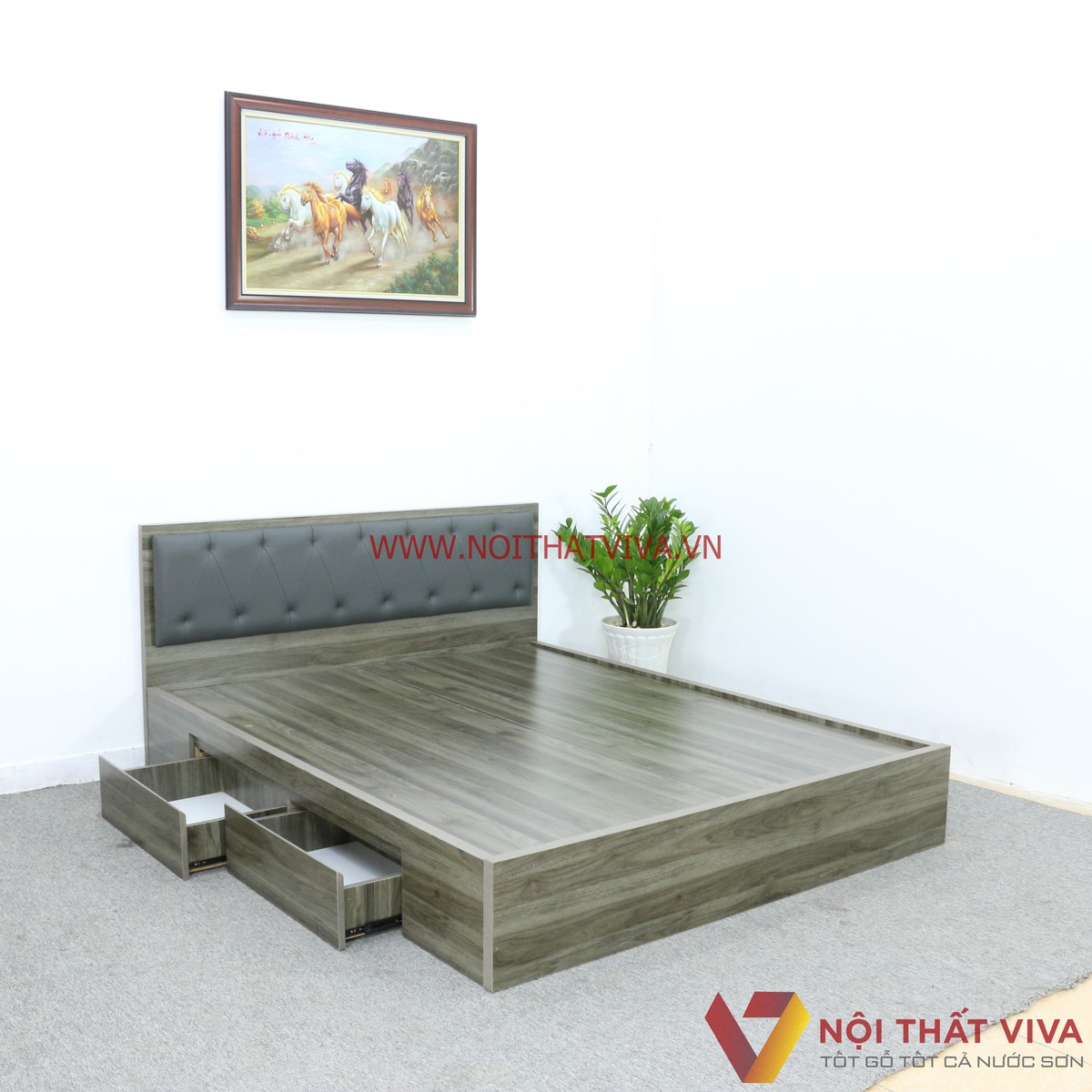 Giường Ngủ Gỗ MDF Phủ Melamine Màu Xanh Rêu Hộc Kéo Đầu Nệm Đen Sang Trọng