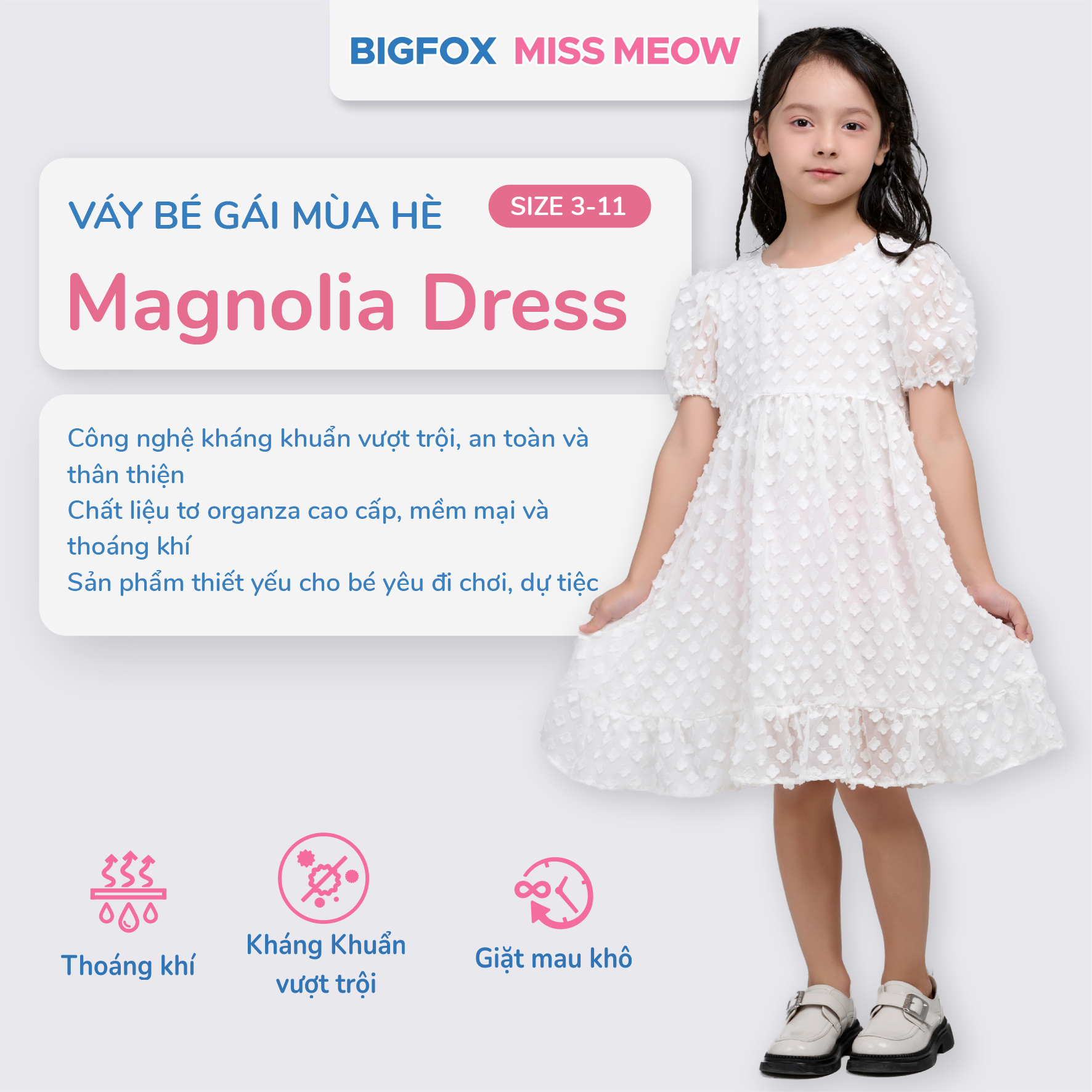 Váy trắng dự tiệc bé gái Bigfox Miss Meow, đầm công chúa tiểu thư size đại kiểu Hàn ren hoa mùa hè 3,7,9,11 tuổi 30kg