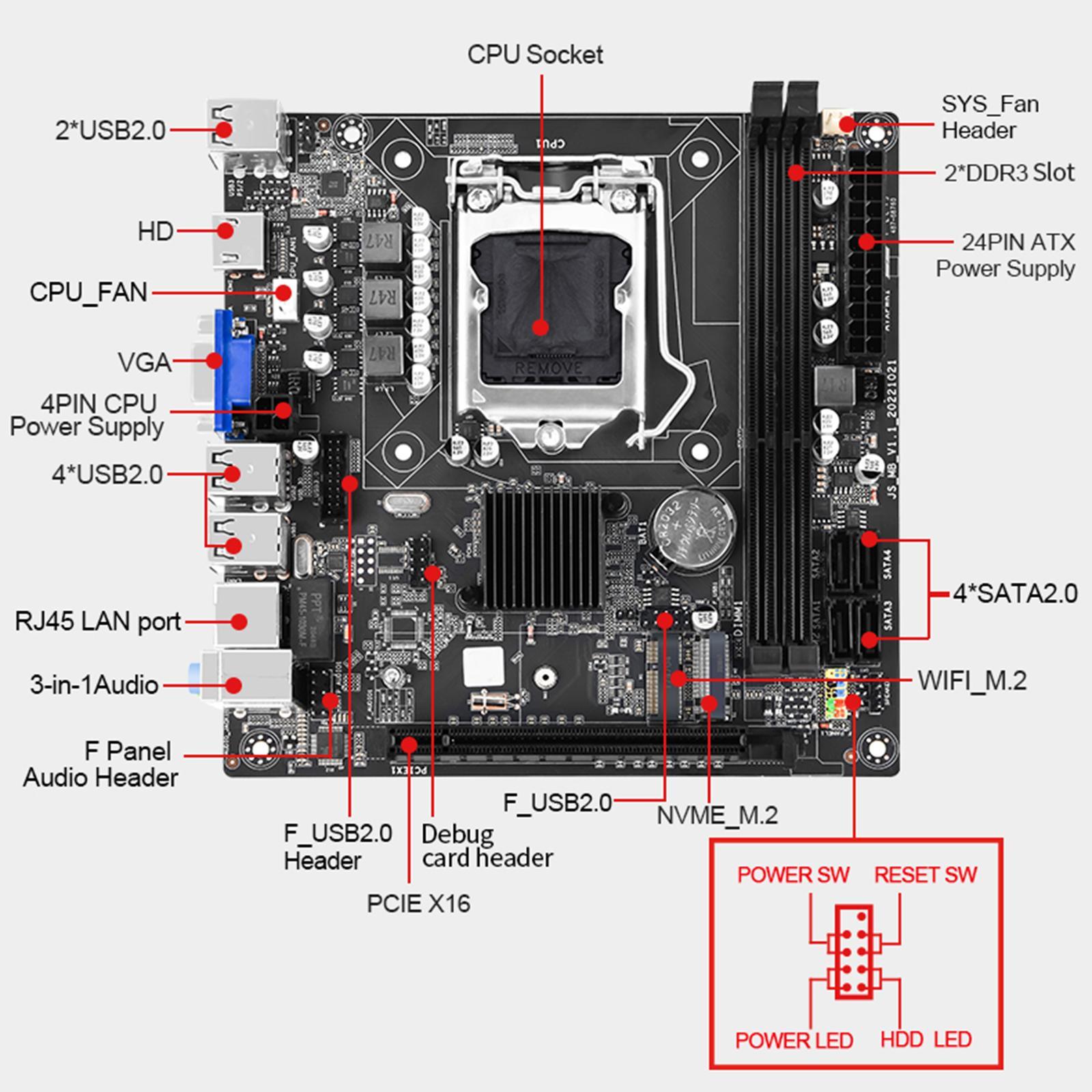 Computer Desktop Motherboard 16G Memory Capacity 2x DDR3 Dual Channel H61S Motherboard
