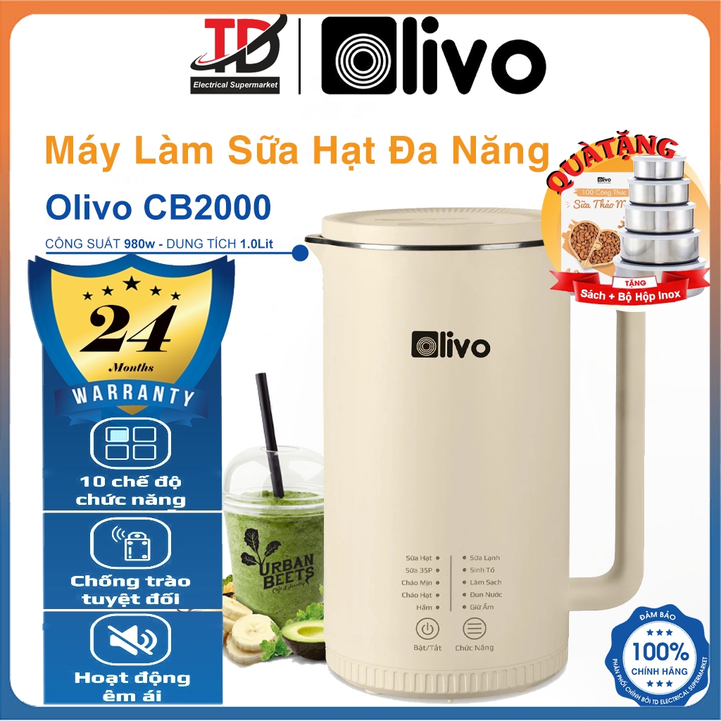 Máy Làm Sữa Hạt Đa Năng Olivo CB2000, 980w - 1.0Lit, 10 Chức Năng Xay Nấu, Hàng Chính Hãng
