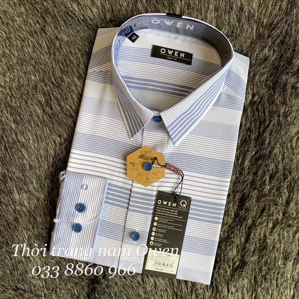 OWEN - Aó sơ mi dài tay Owen regular fit chất sợi cafe sọc ngang xanh trắng 23326
