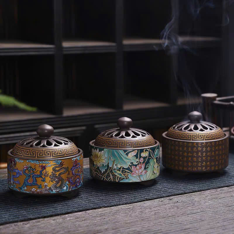 Lư trầm gốm vẽ men rồng và hoa sen