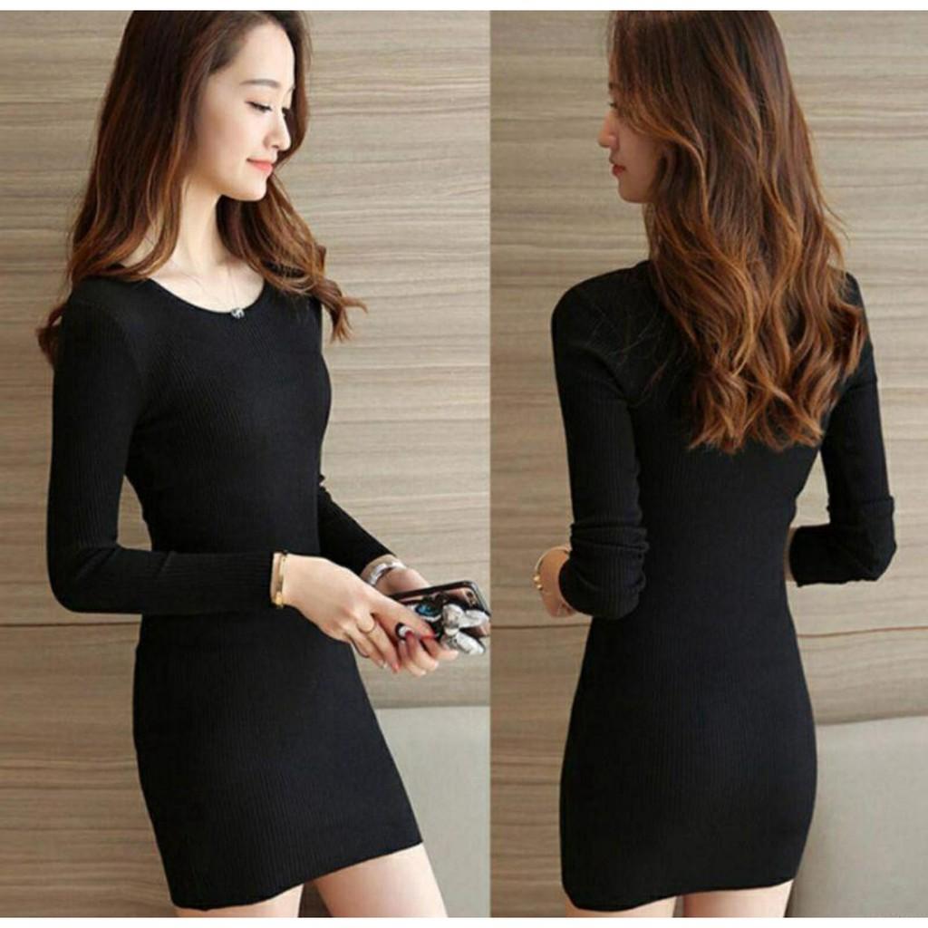 Váy Body Dài Tay dài cổ tròn Chất Thun Gân Đẹp