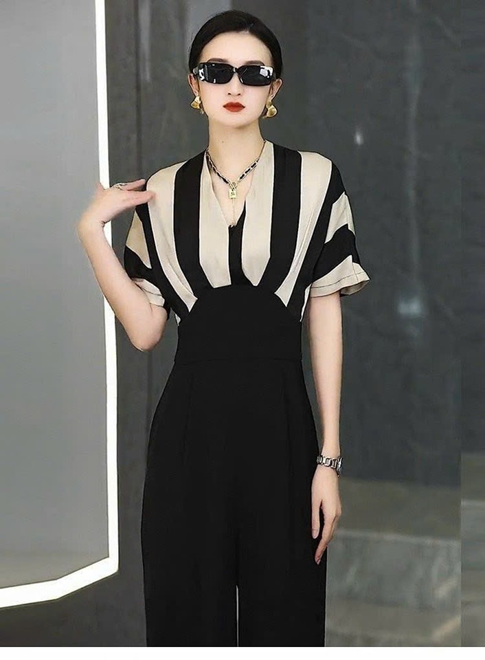 Jumpsuit Dài Phối Lụa Sọc Tay Ngắn Hàng Cao Cấp