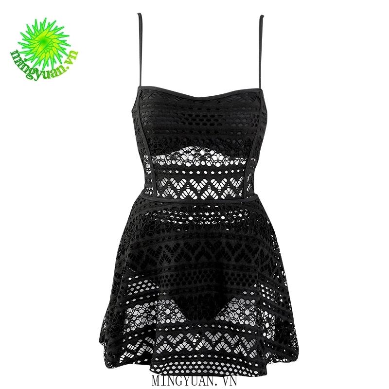 Hollow black woman bikini one-piece bikini swimwear with skirt