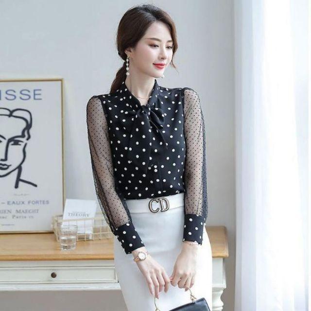 ÁO SƠ MI NỮ CHẤM BI TAY LƯỚI CAO CẤP
