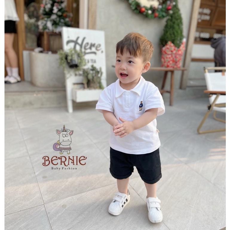 Bộ đồ Polo bé trai basic thêu gấu áo trắng quần short đen, áo xanh quần short be 8-24kg phù hợp với các dịp lễ tết. bé có thể mặc đi học, đi chơi