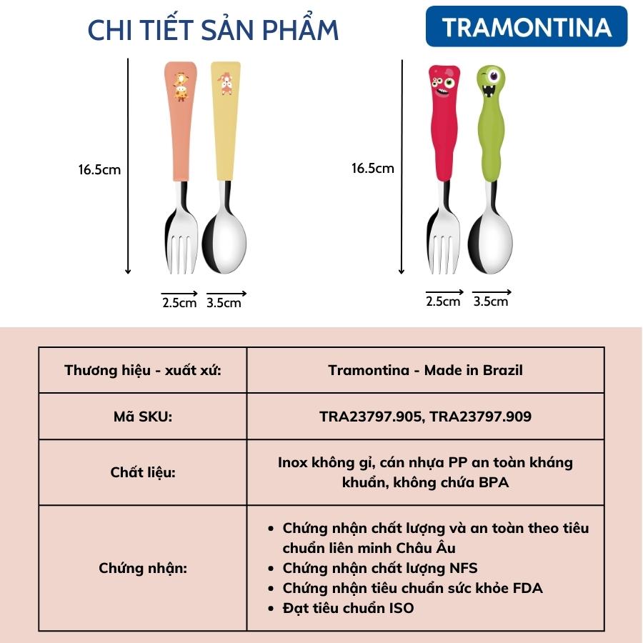 Bộ Thìa Dĩa Trẻ Em 2 Món Tramontina Chất Thép Không Gỉ Cao Cấp An Toàn Cán Nhựa PP Sản Xuất Tại Brazil