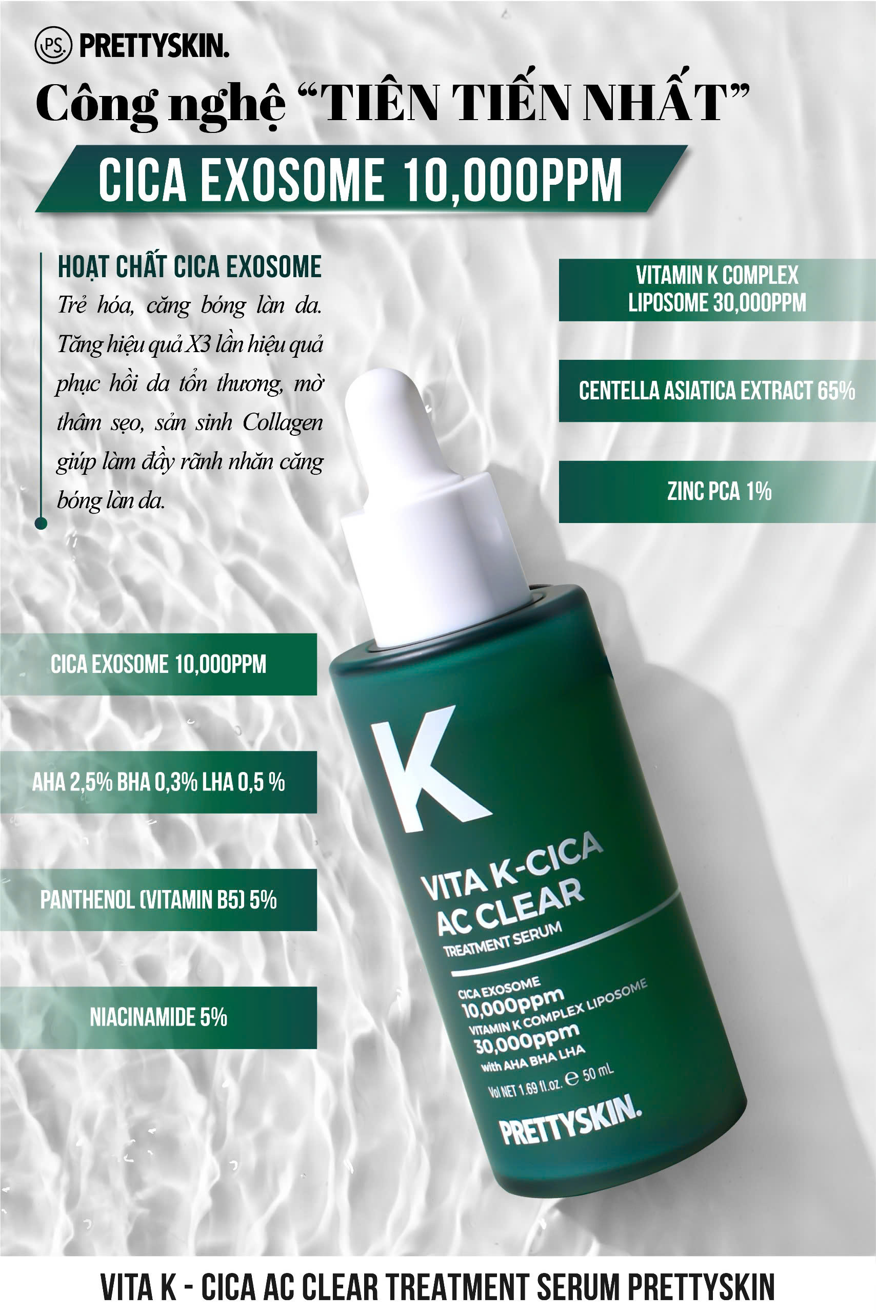 Serum hỗ trợ ngừa mụn Vita K - Cica Ac Clear Pretty Skin phục hồi - căng bóng - tái tạo làn da 50ml