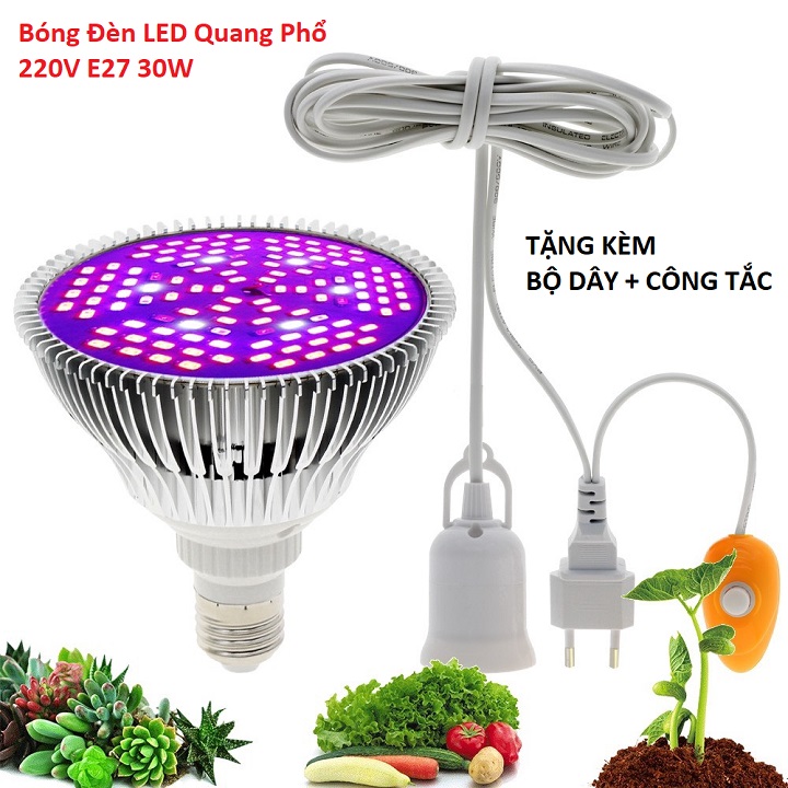 Bóng Đèn LED Quang Phổ 220V E27 30W chuyên dụng Trồng Cây Trong Nhà - Tặng Kèm Bộ Dây Công Tắc