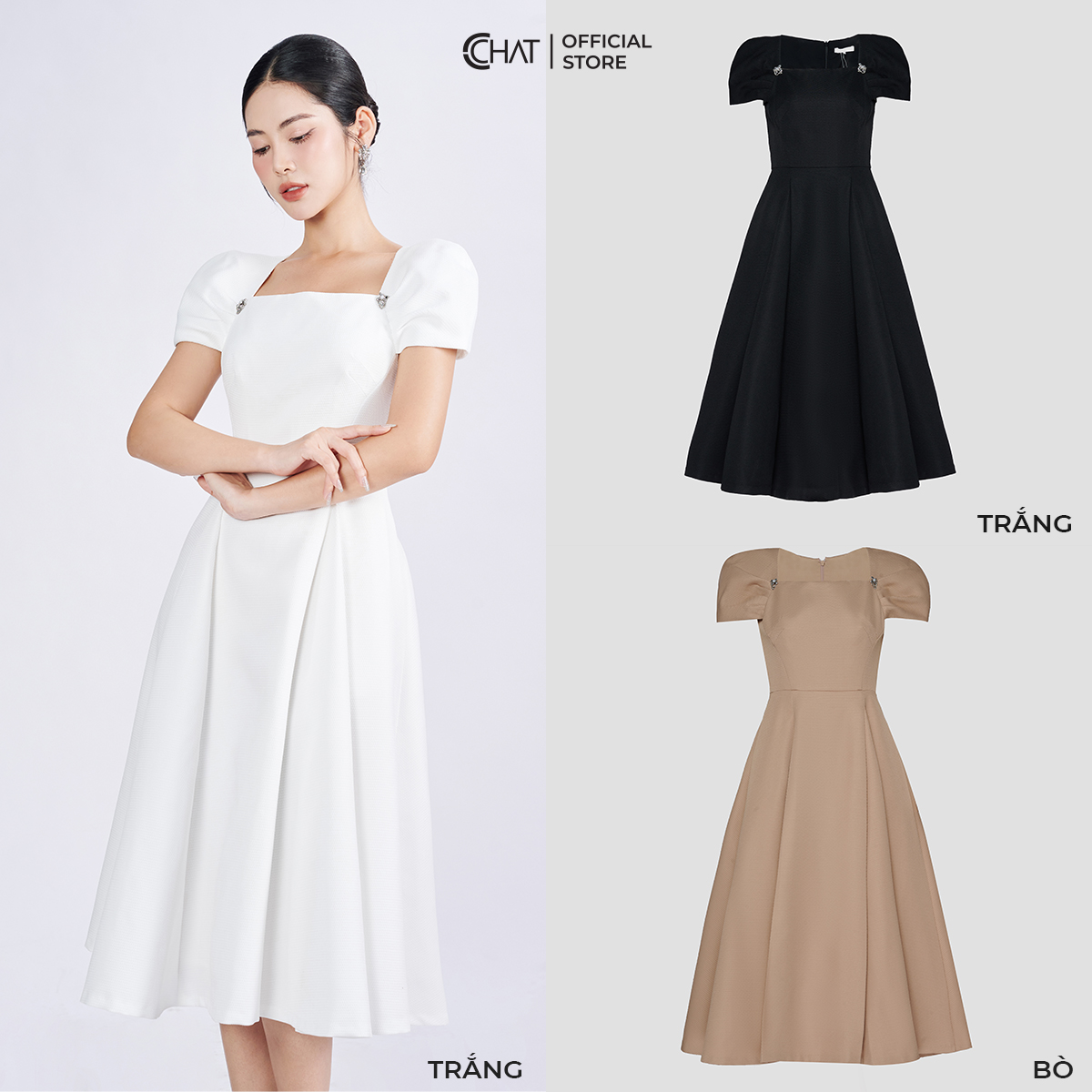 Đầm Nữ Dáng Xòe Bổ Sườn Tay Rúm Kiểu Chất Tuytsi Cao Cấp 53VNS8006XT
