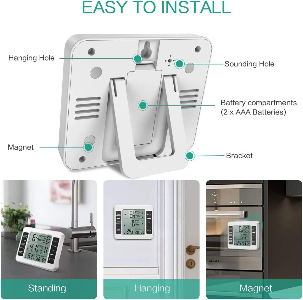 Nhiệt kế tủ lạnh, Nhiệt kế tủ lạnh không dây với 2 cảm biến, Báo động âm thanh tối thiểu / tối đa, Nhiệt kế trong nhà / ngoài trời cho nhà bếp Nhà hàng Quán cà phê