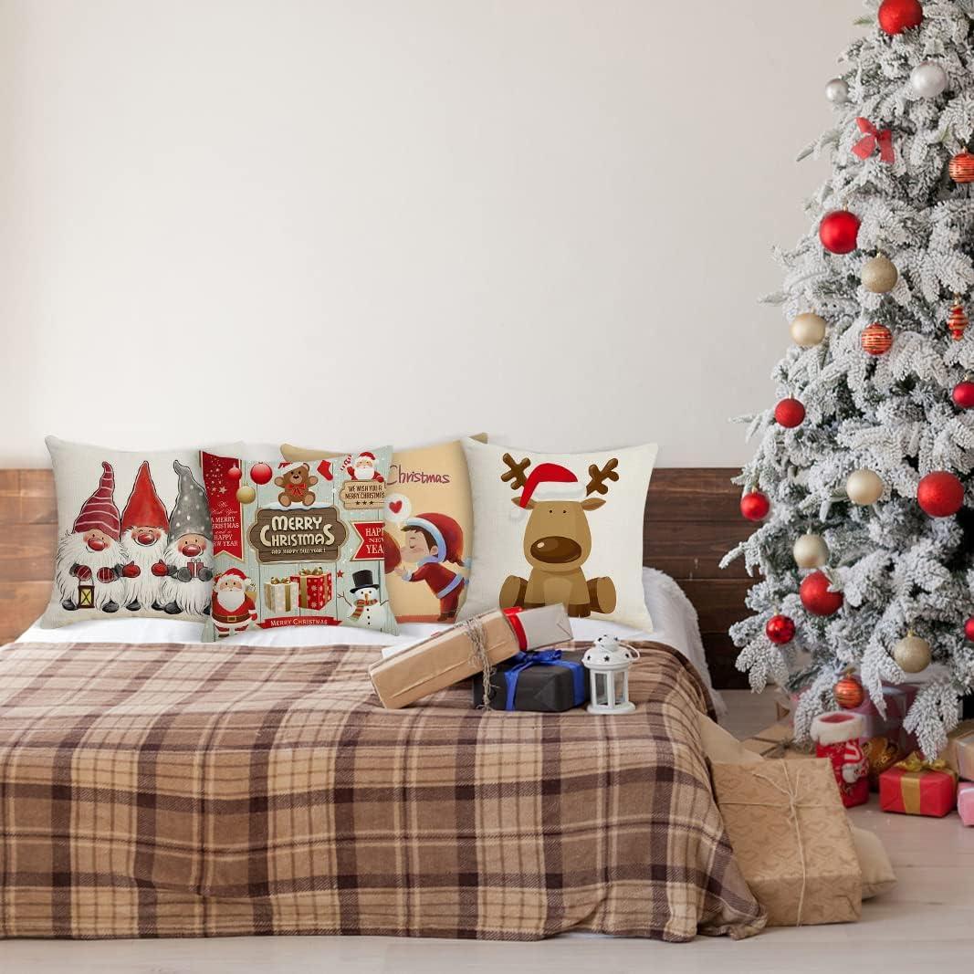 Vỏ đệm Giáng sinh 45x45cm, Bộ 4 Vỏ gối sofa bằng vải lanh và cotton trang trí Giáng sinh cho Giường đi văng Giường Ghế Phòng ngủ Vườn-Trang trí Giáng sinh vui vẻ