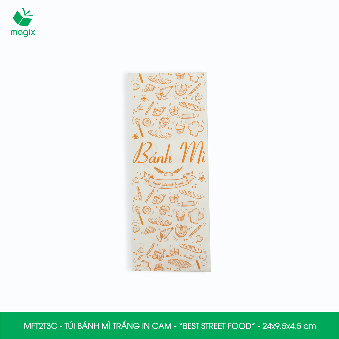 MFT2T3C - 24x9.5x4.5 cm - 100 túi giấy đựng bánh mì, túi đựng thức ăn mang đi, túi take away