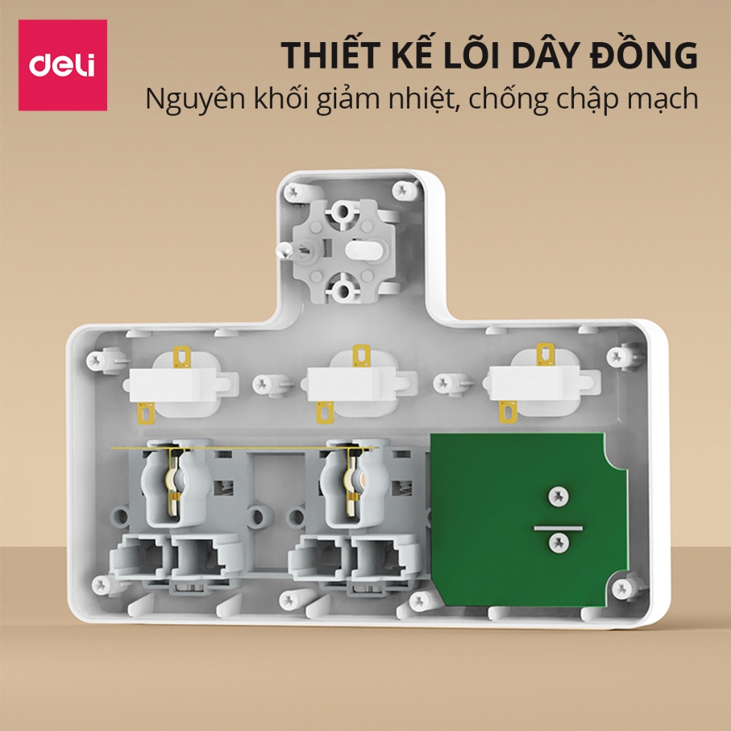 Ổ Cắm Chia Điện Deli, Ổ Cắm Điện Chữ T Công Suất 2500W Tích Hợp Cổng USB &amp;TypeC Sạc Nhanh 20W