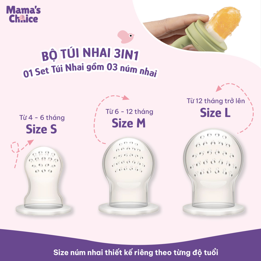 Túi Nhai Ăn Dặm Mama's Choice Cho Bé, Núm Nhai Hoa Quả Chống Hóc, Tặng Kèm 3 Size Núm Phù Hợp Bé Từ 4 Tháng Tuổi