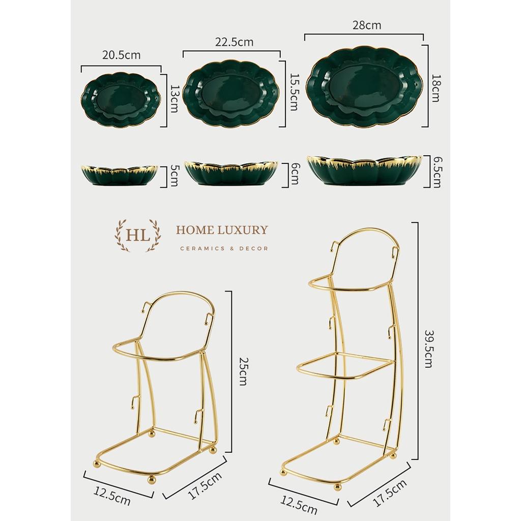 Kệ 2 Tầng, 3 Tầng Sứ Xanh Home Decor phong cách Bắc Âu khung kim loại | ĐĨA 2 3 TẦNG SỨ TRẮNG XANH KÈM KỆ INOX CAO CẤP
