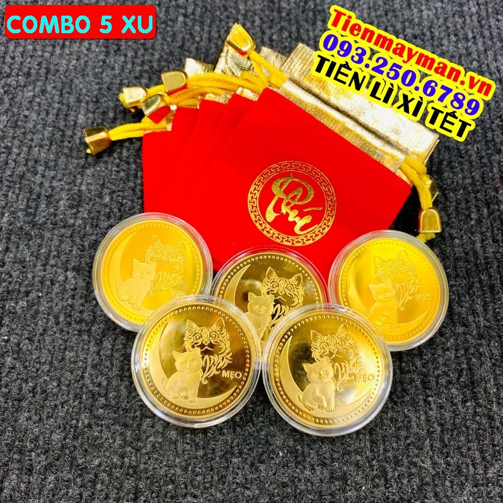 Full set 05 xu con Mèo + túi gấm đỏ chữ PHÚC , quà tặng ý nghĩa, phong thuỷ, Tiền lì xì tết 2023 , NELI