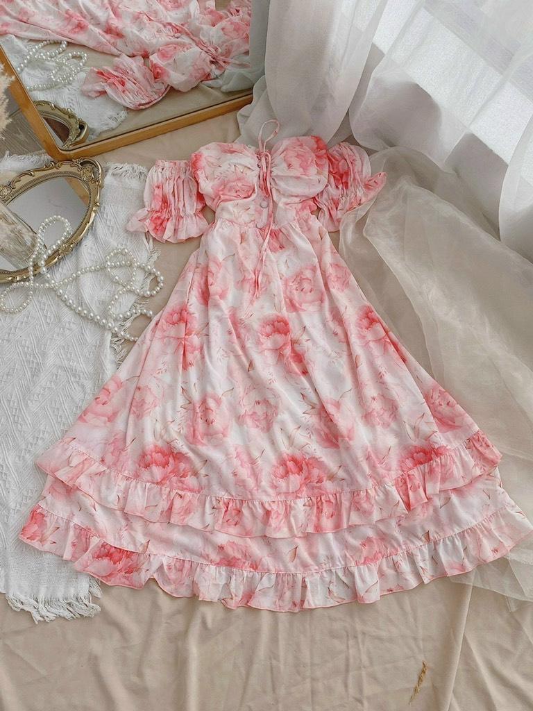 ĐẦM MAXI HOA RỚT VAI RÚT DÂY NGỰC 11694