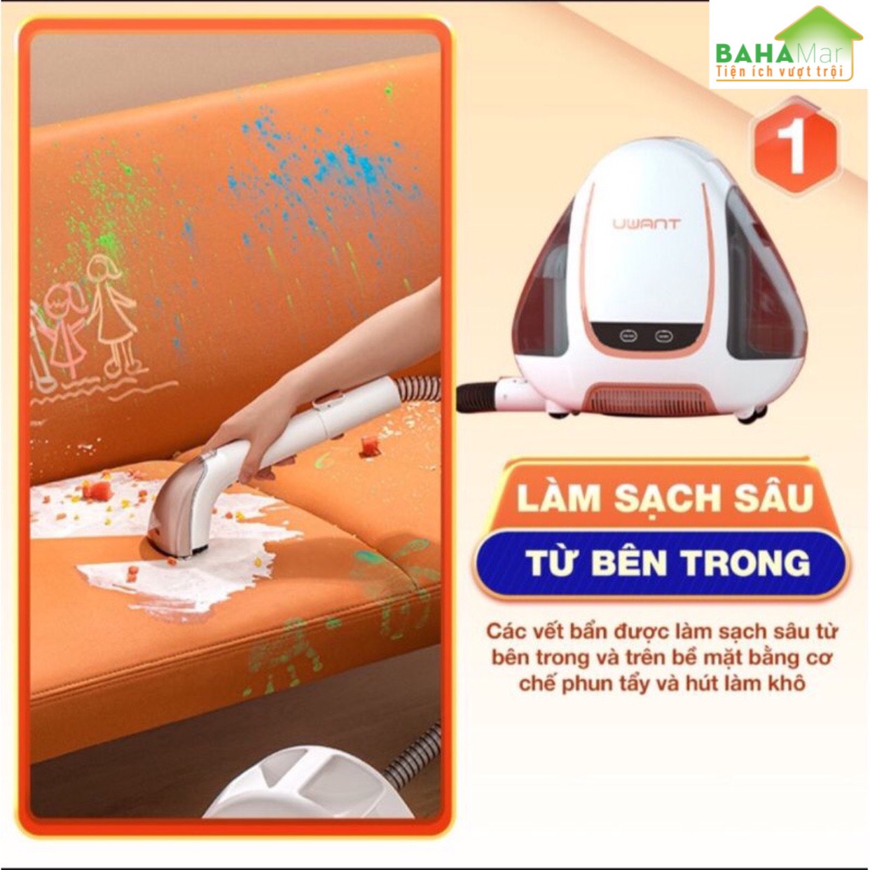 MÁY ĐA NĂNG HÚT CHÂN KHÔNG VÀ GIẶT THẢM, SOFA - MÁY LÀM SẠCH VẢI DI ĐỘNG UWANT B100 "BAHAMAR" giúp loại bỏ hoàn toàn các vết bẩn một cách nhanh chóng và triệt để, đem lại hiệu quả cao nhưng vẫn đảm bảo không làm ảnh hưởng vải