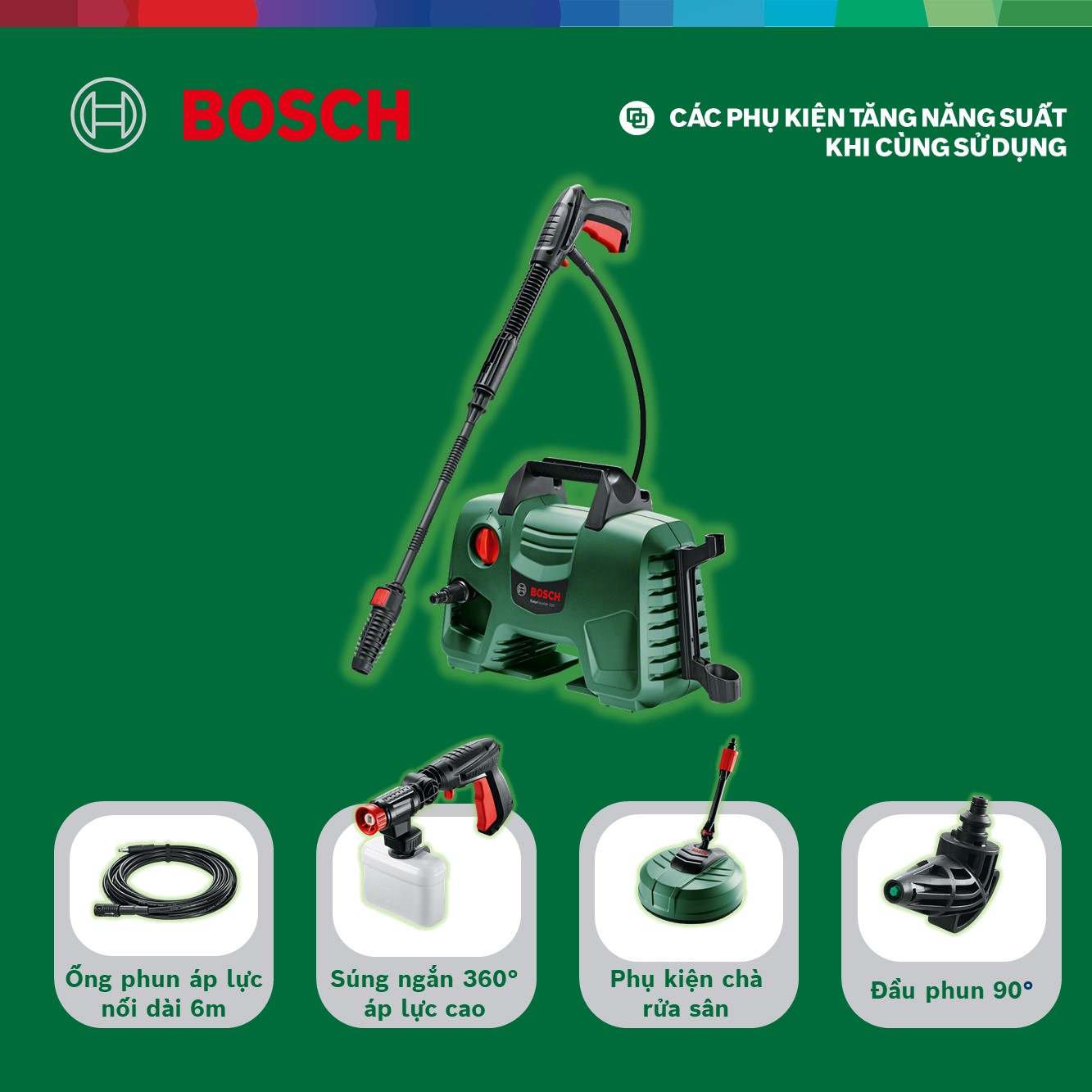 Combo Máy Phun Xịt Rửa Áp Lực Cao Bosch Easyaquatak 110 + Dây Nối Dài 6m Và Đầu Phun 90 Độ