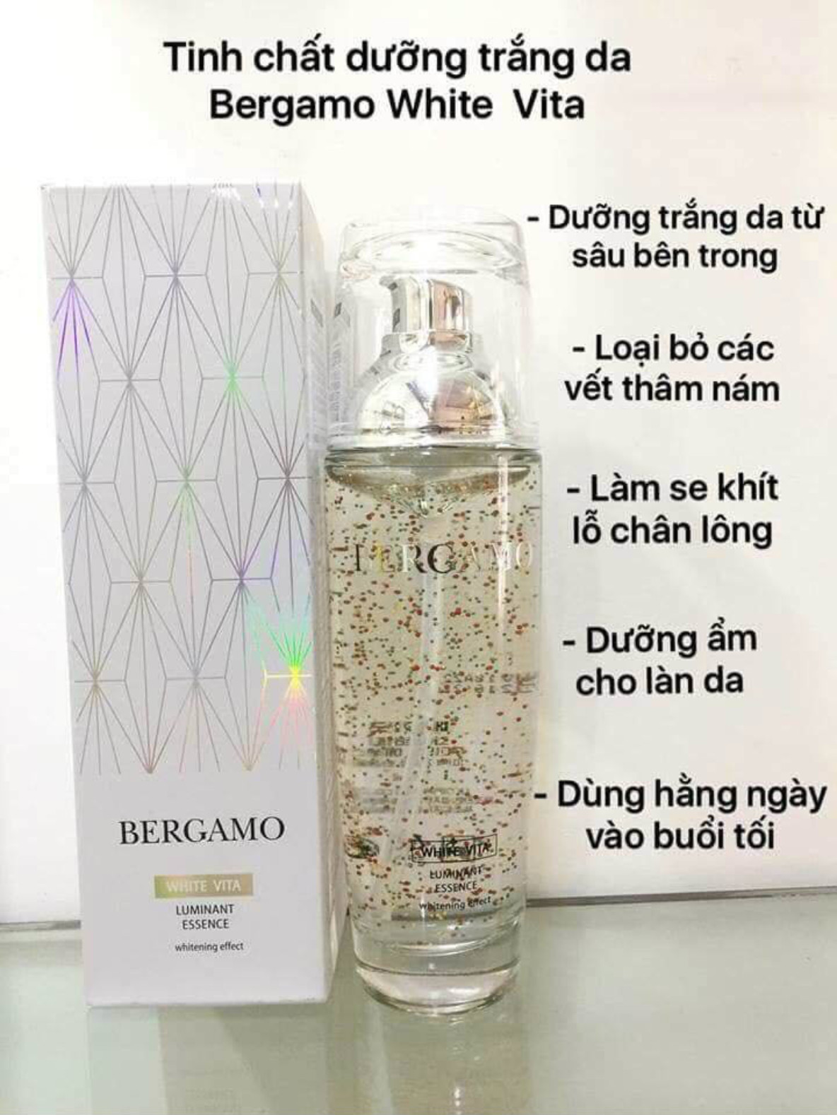 Combo Tinh chất dưỡng trắng da Bergamo White Vita Luminant Essence 110ml và Kem giảm Nám Bergamo Luxury Caviar Wrinkle Care Cream