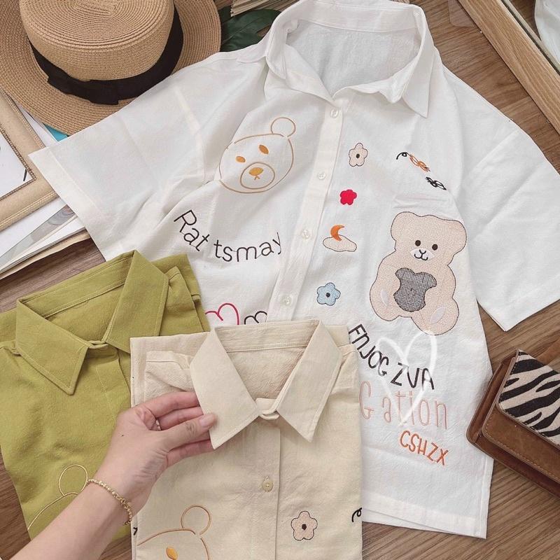 Áo sơ mi tay ngắn thêu gấu