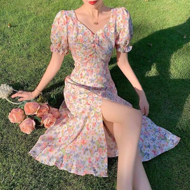 Đầm hoa xoắn ngực phối lưng bo chun