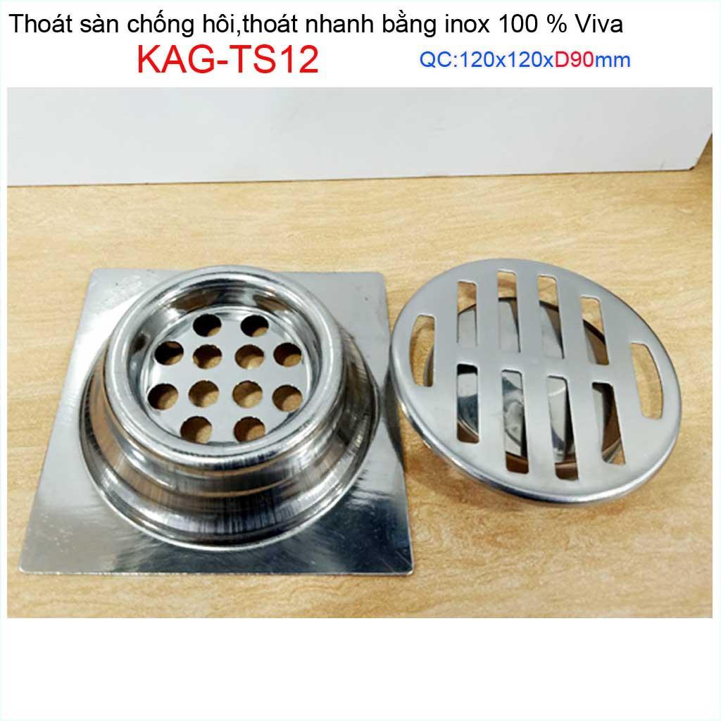 Hố ga thoát sàn Viva ống D90 Inox mờ, phễu thoát nước chống hôi vuông 12x12cm KAG-TS12