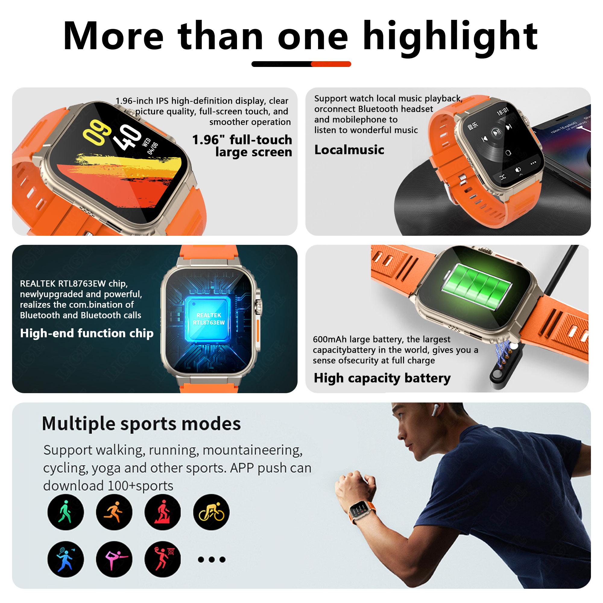 Lige 600mah New Ultra Smart Watch Men Bluetooth Gọi TWS Đồng hồ thể thao âm nhạc địa phương 1.96 '' IP68 Waterproof Relógio Smartwatch Women