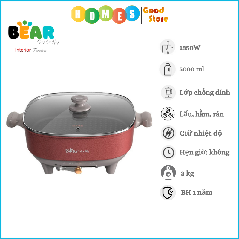 Nồi Điện Đa Năng, Nồi Lẩu Điện BEAR DHG-C50S8 Dung Tích 5 Lít Công Suất 1350 W - Hàng Chính Hãng